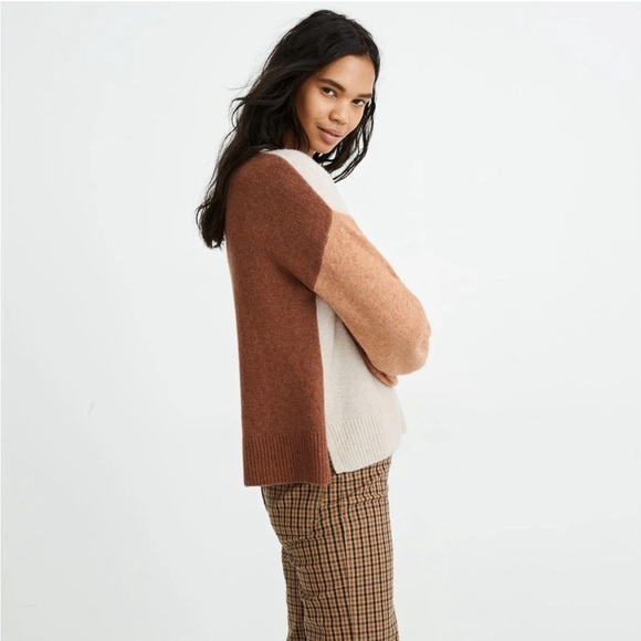 Madewell Cream and Tan Crew Neck Sweater Colorblock Knit merino wool medium - Picture 2 of 14